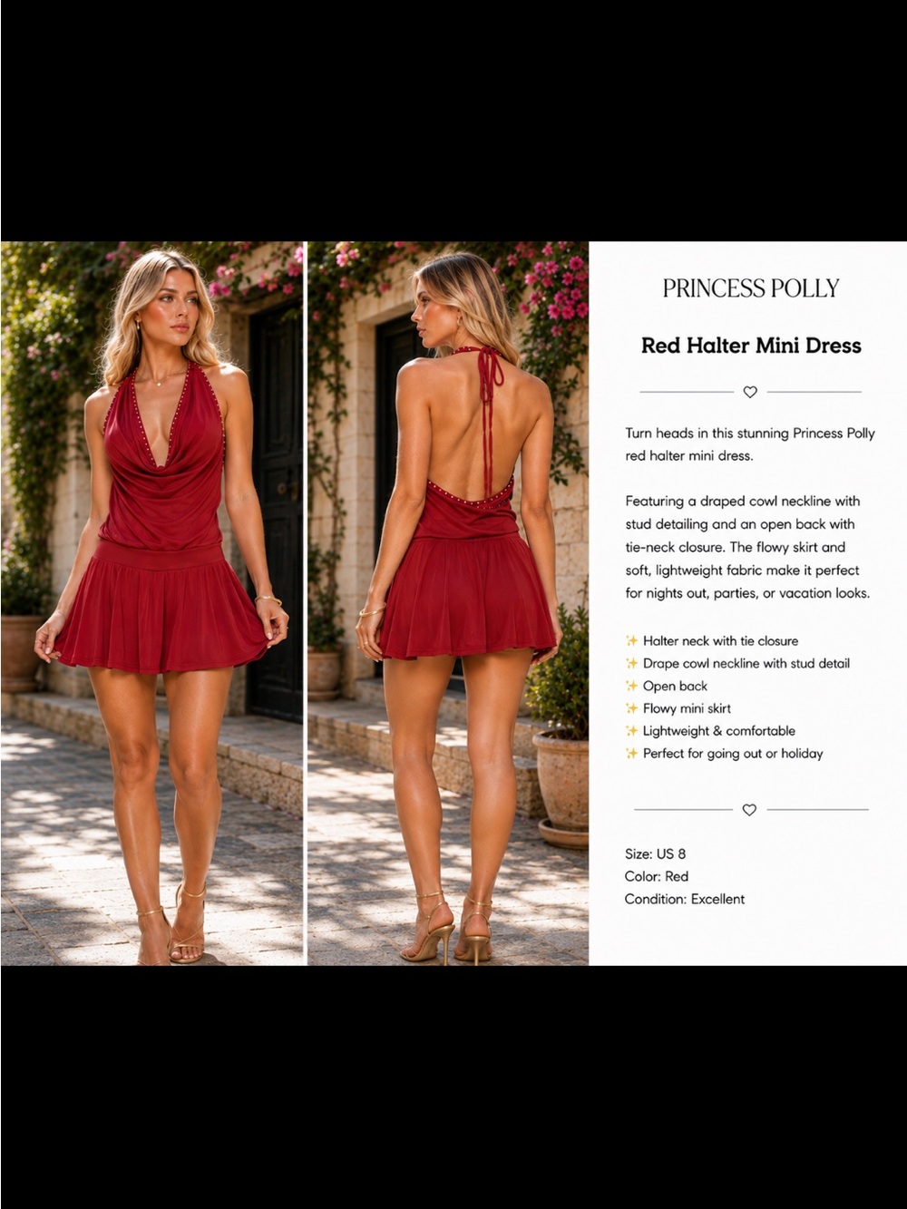 Princess Polly Maroon Red Halter Cowl Mini Dress size 8